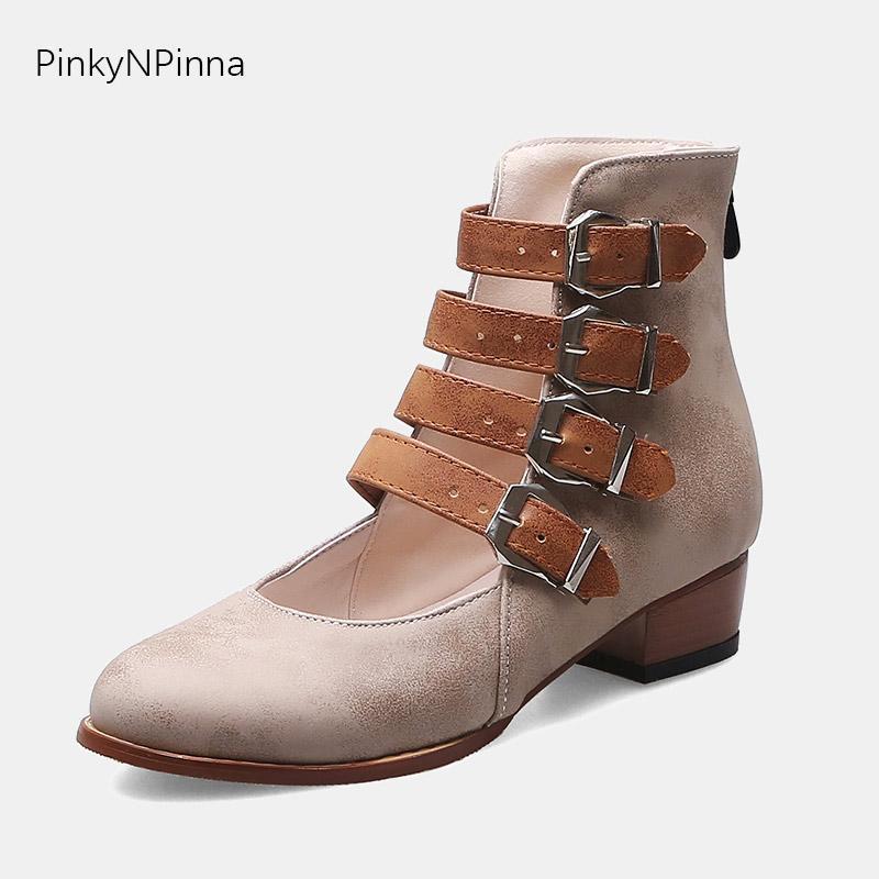 

summer vintage women cowboy booties cutout multi buckle strap western Gothic punk med chunk heel designer ankle boots plus size1, Black