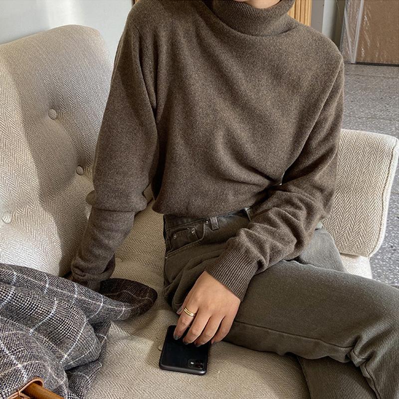

Autumn and winter women's sweater casual solid color high neck long sleeve sweater, Brown