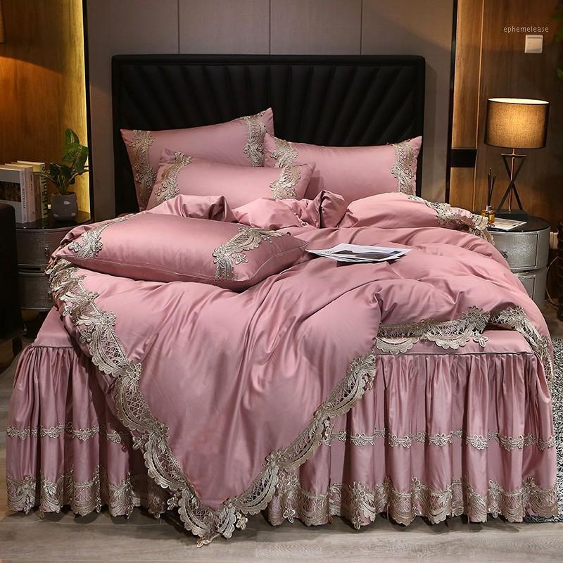 

Elegant Chic Lace Egyptian Cotton Soft Bedding Set Royal Princess Solid Color Duvet Cover Bedskirt Pillowcase Queen King size1, Color 3