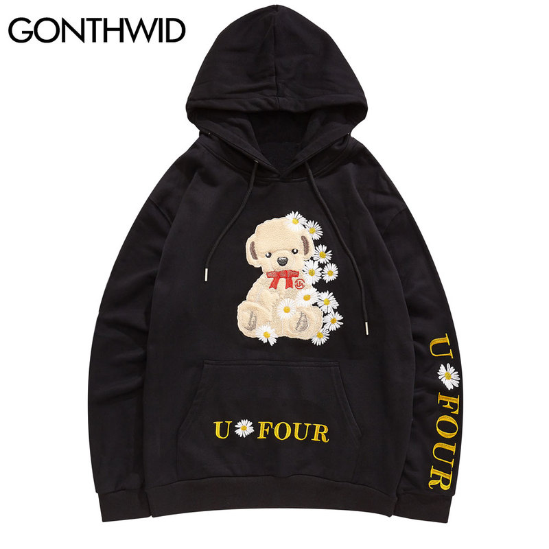 

Embroidery Bear Daisy Flowers Hoodies Sweatshirts Streetwear Hip Hop Harajuku Casual Hooded Tops 2020 Fashion Outwear, White