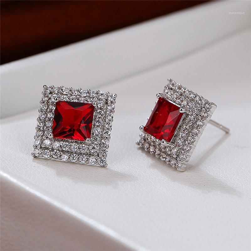 

Charm Female Square Crystal Stone Earrings Vintage Rose Gold Silver Stud Earrings For Women Elegant Small Red Wedding1