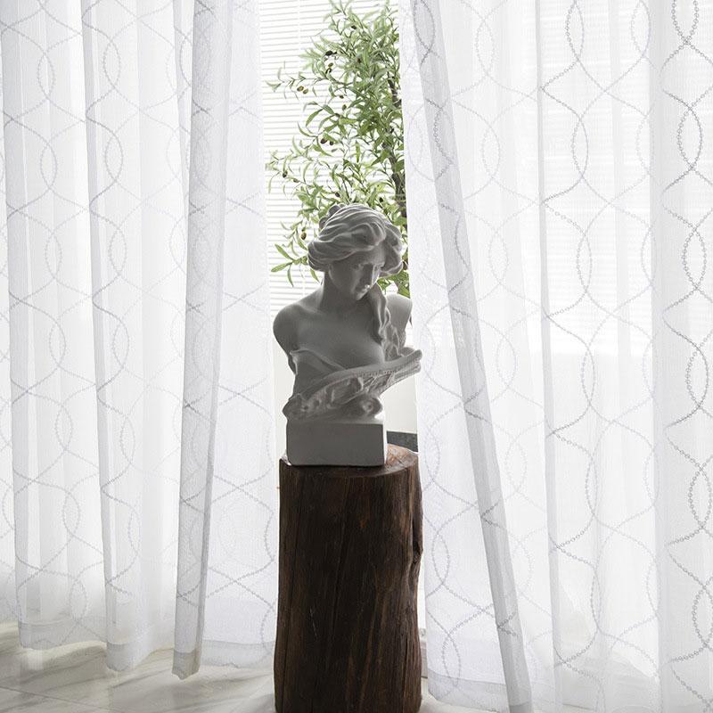 

White Embroidery Tulle Curtains for Living Room Modern Geometry Curve Sheer Voile Curtain for Bedroom Blind Drape Door Custom