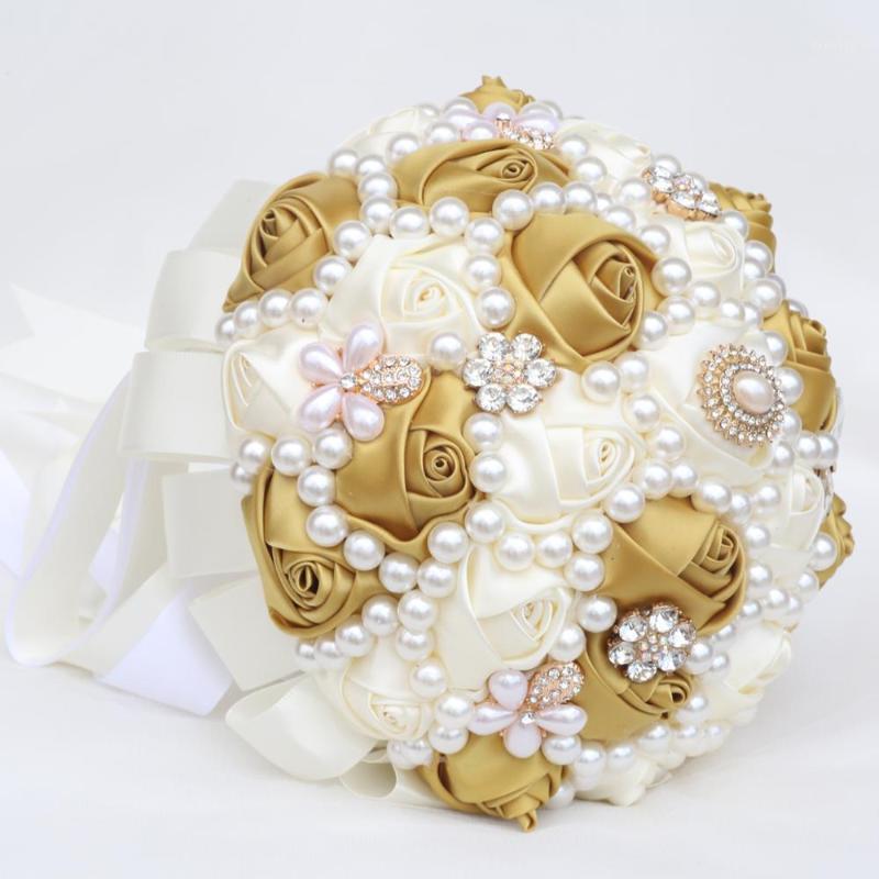 

Handmade Crystal Pearl Silk Bouquet Ivory Bouquet Bride Wedding Flowers Birdal Bouquets Bridesmaids Holdinng Flowers W22661, Ivory gold