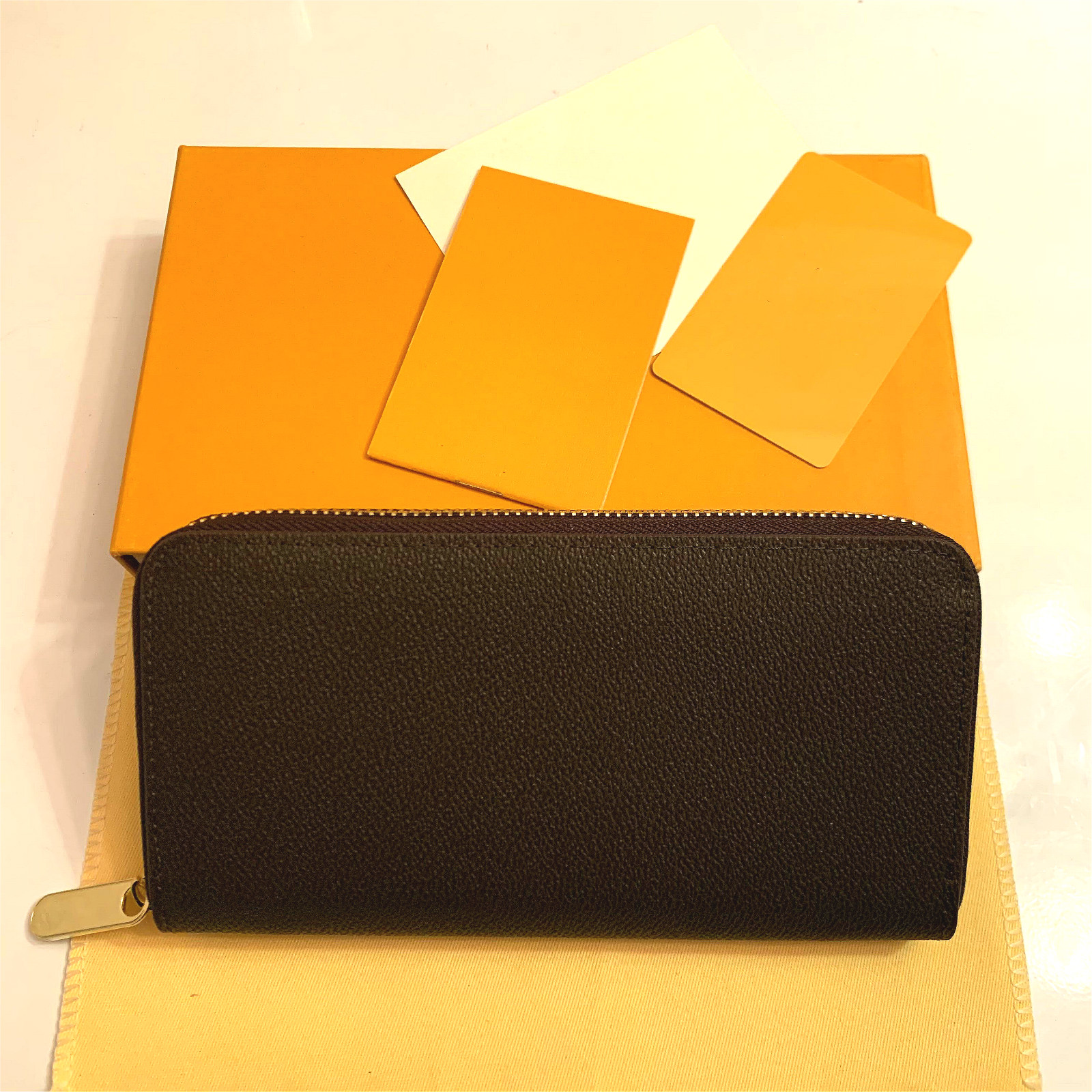 

Wholesale 20 colors fashion single zipper men women leather wallet lady ladies long purse with orange box card 60017, No box