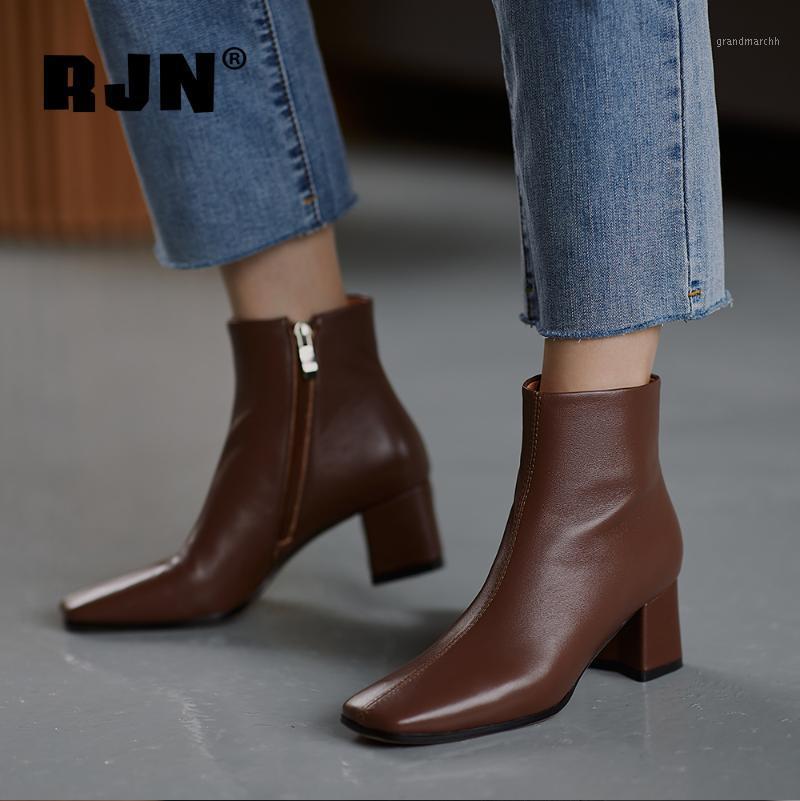 

RJN New Stylish Ankle Boots Classic Square Toe Handmade High Quality Casual Zipper Women Shoes Comfortable Mid-heel Boots RO2471, Beige short plush