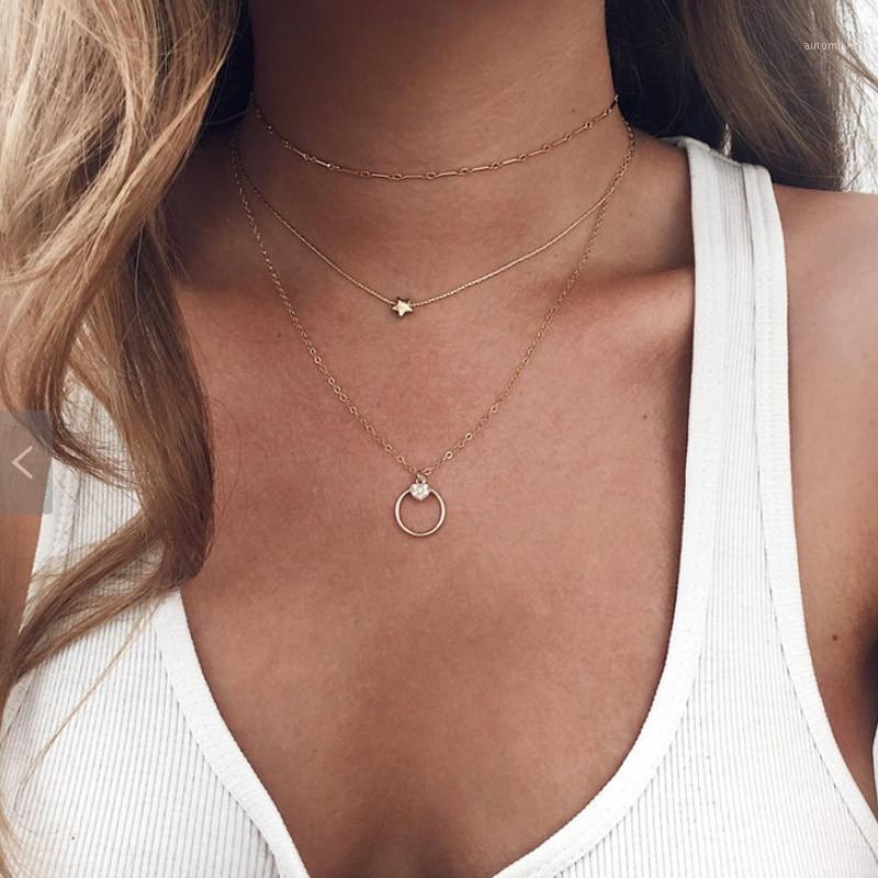 

Boho Vintage Choker Necklaces for Women Three Layers Gold Color Crystal Beads Star Statement Chain Pendant Necklace1