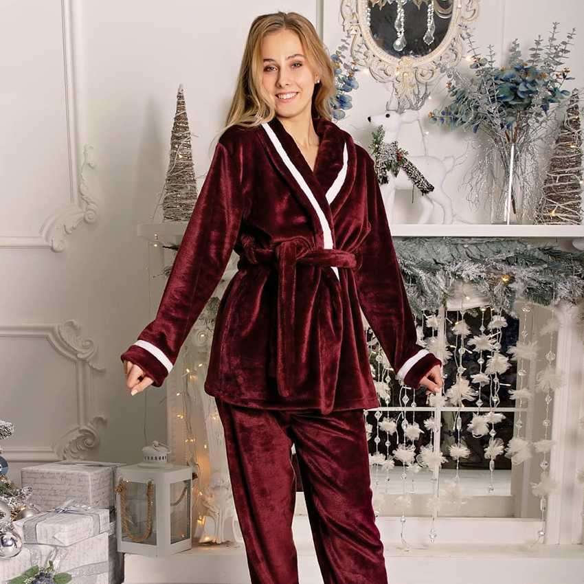 

HiLoc Patchwork Robe Sets Winter Sleepwear Women Warm Long Sleeve Velvet Pajamas With Bathrobe Home Wear Thick Suit Sets Female, Red