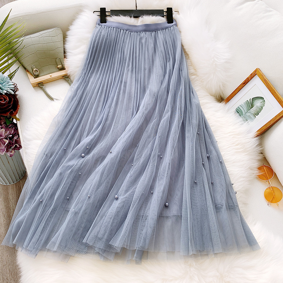 

2021 New Spring Summer Beading Mesh Pleated Skirts High Waisted Women Midi Party Tulle Tutu Skirt Saias Faldas Jupe Femme Zi6o, Pink