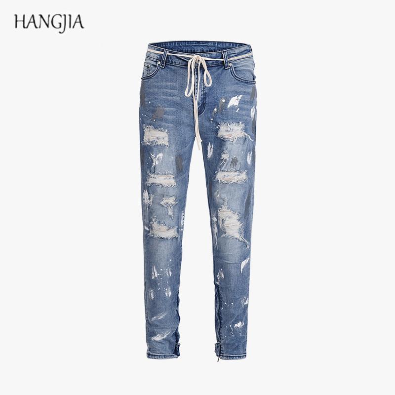

Men's Paint Destroyed Hole Jeans Europe America Hip-hop Splash Ink Effect Bottom Button Zipper Wash Skinny Stretch Denim Pants, Sky blue