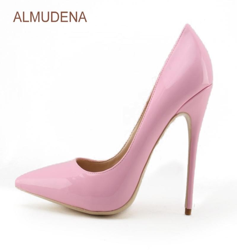 

ALMUDENA Young Girl's Top Brand Pink Patent Leather High Heel Shoes Sweet Stylish Office Lady Daily Dress Shoes Shallow Pumps, 10cm heel