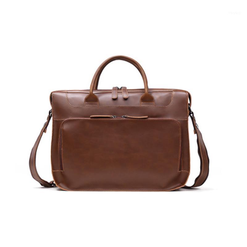 

Men Briefcase Crazy Horse Leather Cross Bag Business Shoulder Bag Ladies Large Capacity 14 Inch Laptop Handbag for Documents1, Brown