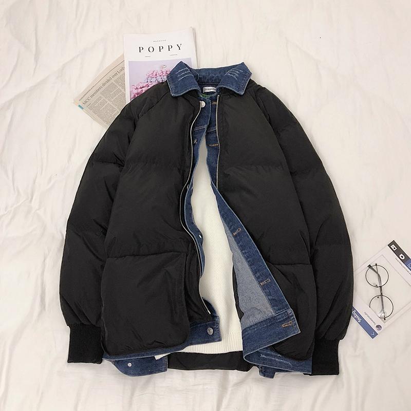 

Winter New Jacket Men Warm Fashion Denim Stitching Fake Two Pieces Casual Coat Man Streetwear Wild Loose Cotton Male Clothes, Black