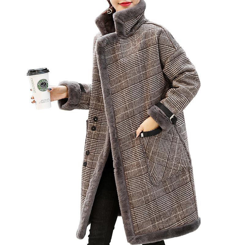 

2021 New Women' Plaid Autumn Mid-long Winter Coats Imitate Lamb Only Warm Coat Breasted Mixed with Wool Woman' Jacket Outwea CO3H, Coffee