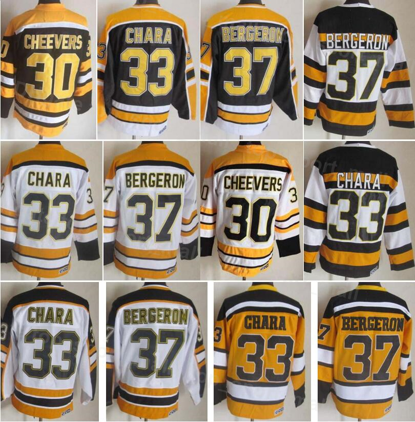 

Men Vintage Retro Ice Hockey 30 Gerry Cheevers Jersey 33 Zdeno Chara 37 Patrice Bergeron 75 Anniversary All Stitching Sport Home Black Yello, Black;red
