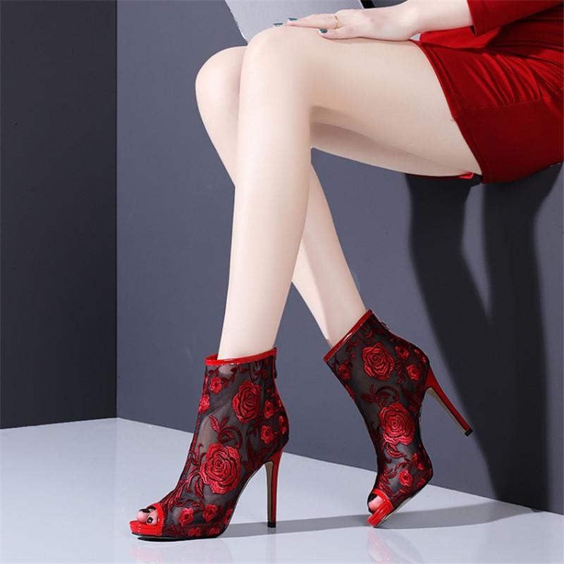 

NORBERG Summer Ankle Boots for Women Handmade Luxury Designer High Heels Perforated Embroider Net Boots Woman Mesh Booties Shoes, Black