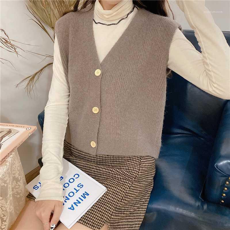 

Knitted Sweater Vest Women 2020 Autumn Korean Style Vintage Single Breasted V Neck Sleeveless Cardigan Sweaters Tank Tops T5361, Beige