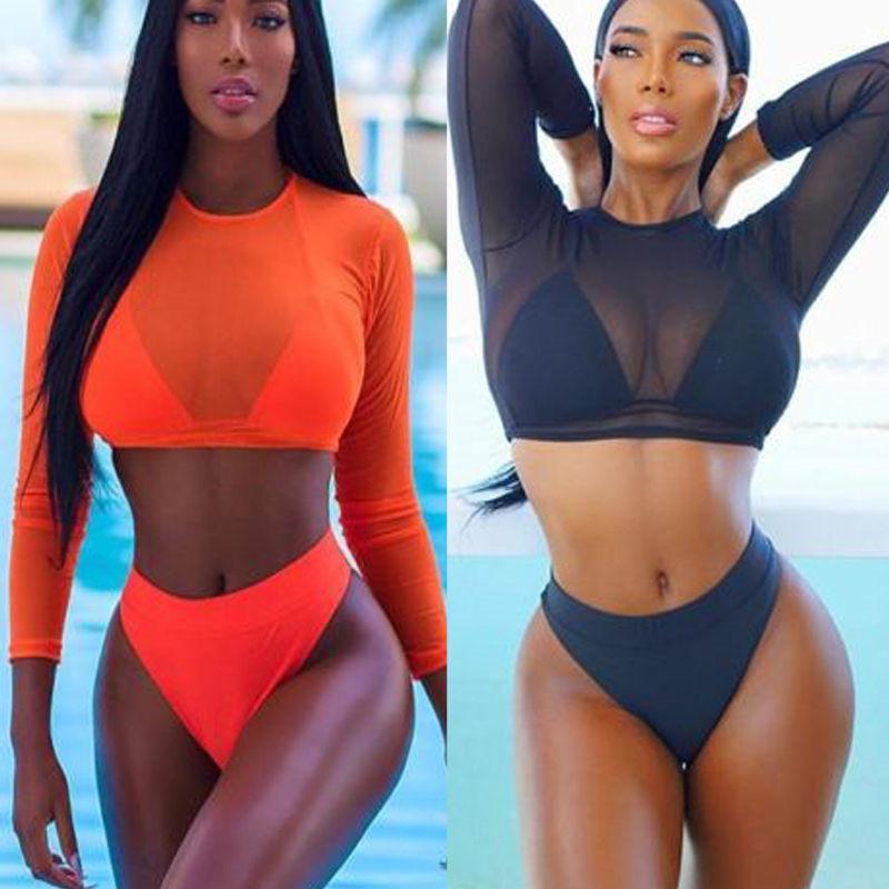 

2020 Two Piece Swimsuit Summer Sexy Women Mesh Long Sleeve High Waist Bikini Set Push Up Swimwear Bra+Bottom+Cover Up Swimsuit1