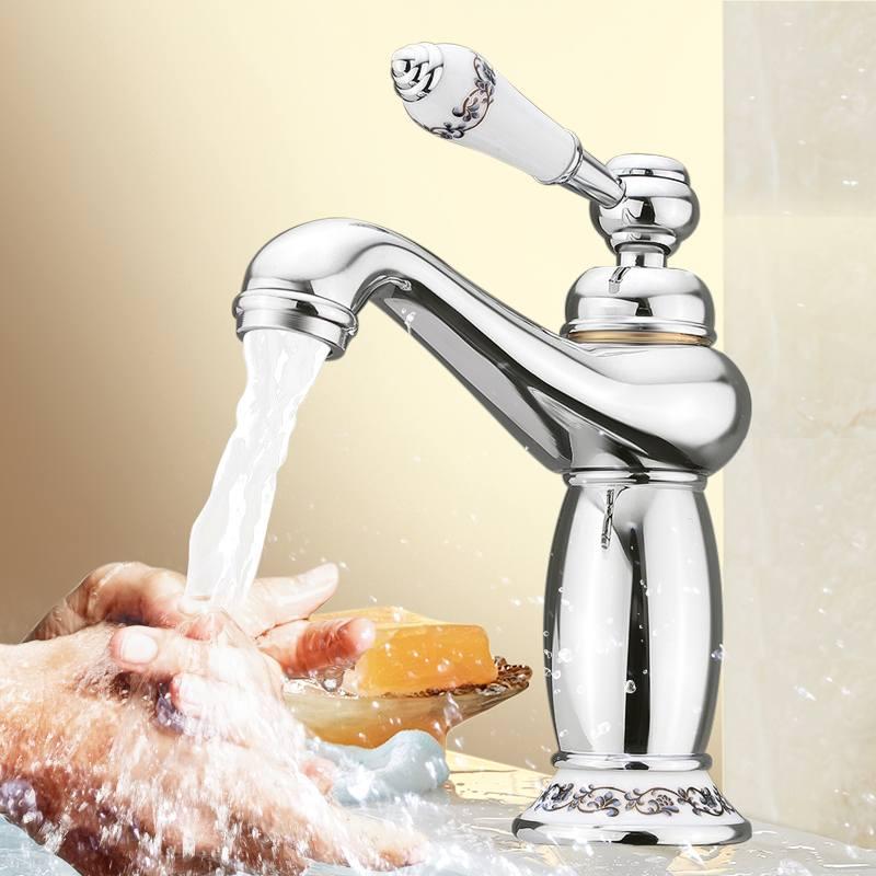 

Upscale Retro Chrome Ceramic Handle Basin Faucets Mixer Tap Bathroom Ceramic Plating Single Handle Hot and Cold Deck Mount