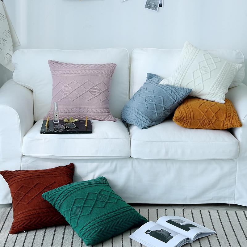 

White Knit Cushion Cover Vintage Solid Yellow Blue Green Pink Green Coffee Pillow Case 45cm*45cm Zip Open Home Decoration