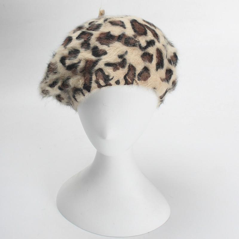 

2020 Winter Chic Women Fuzzy Hair Leopard Berets Warm Cozy Animal Printed Hair Knitted Hats, Red