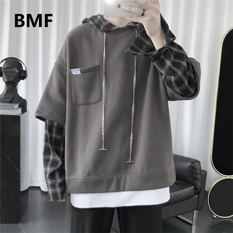 

Men's Hoodies & Sweatshirts Hip Hop Fake Two-Piece Oversized Plaid Hoodie 2021 Korean Clothes Kpop Fashion Sweatshirt Man Ulzzang Streetwear, Black