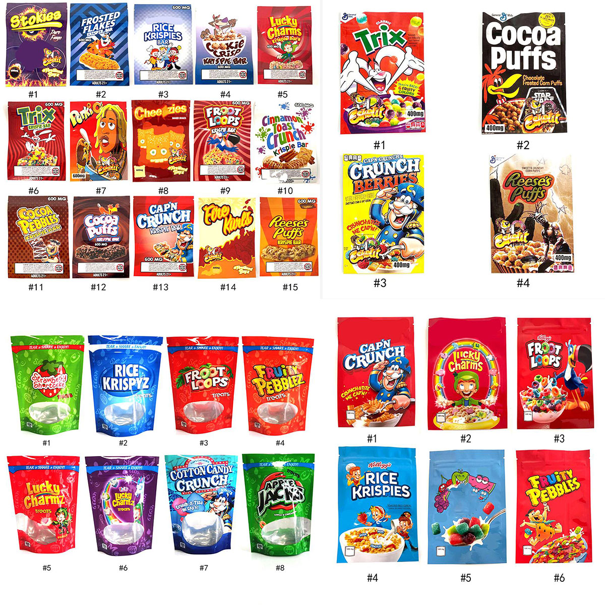 

500MG Infused Cereal Treats Edibles Packaging Mylar Bags Froot Loopz Lucky Charmz Rice Krispyz Fruity Pebblez Apple Jackz errlli