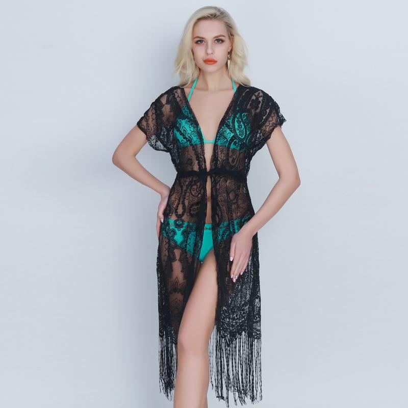 

2021 New Beach Wear Cover Up Women Lace Beachwear Sexy V Neck Bathing Suit Tassel Beach Lace Dress Crochet Kaftan Cardigan, Black