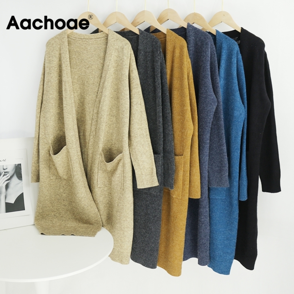 

Aachoae Casual Solid Women Cardigans With Pockets 2020 Knitted V Neck Elegant Sweater Autumn Long Sleeve Cardigan Coat, Brown