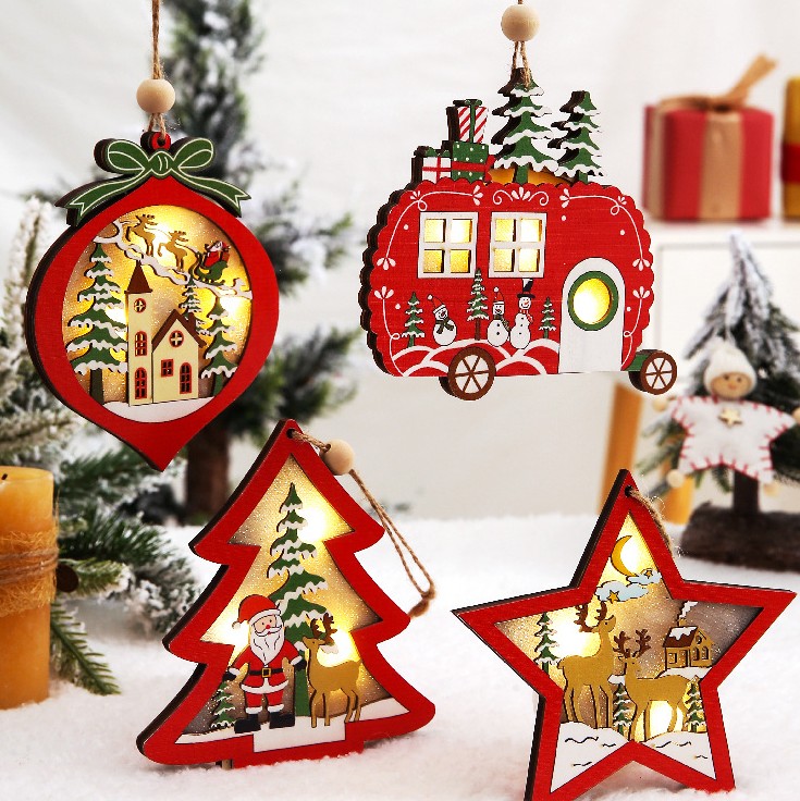 

Christmas ornaments hollow wooden pendant creative car with light small tree five star decoration Christmas Tree Decorations