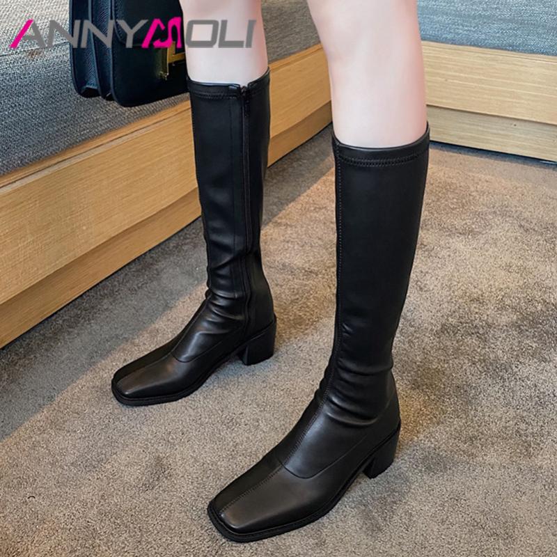 

ANNYMOLI Women Knee High Boots Shoes Square Toe Chunky Heels Long Boots Zip High Heel Ladies Autumn Winter Black Size 40, Black 1 synthetic li