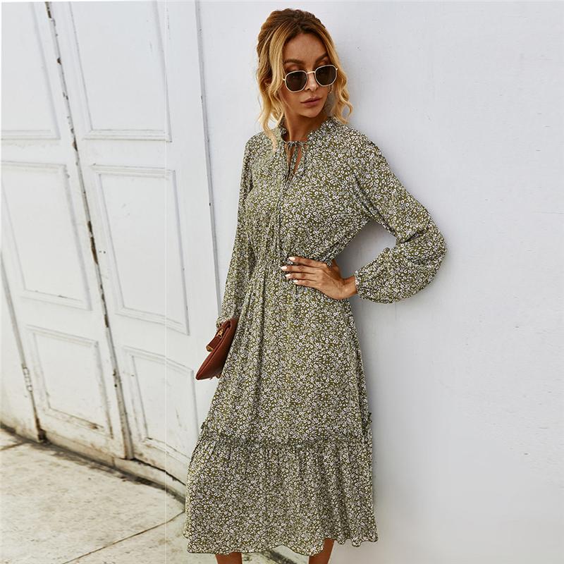 

Autumn Winter Ladies Casual Floral Print Dress Women Full Sleeve Lace Up V-neck High Wasit Long Vintage Dress Female 2020 New, Green