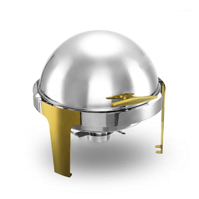 

Hot Sale 6L Gold plating Stainless Steel Gold Flip Round Buffet Chafing Dish Restaurant buffet Insulated alcohol stove1