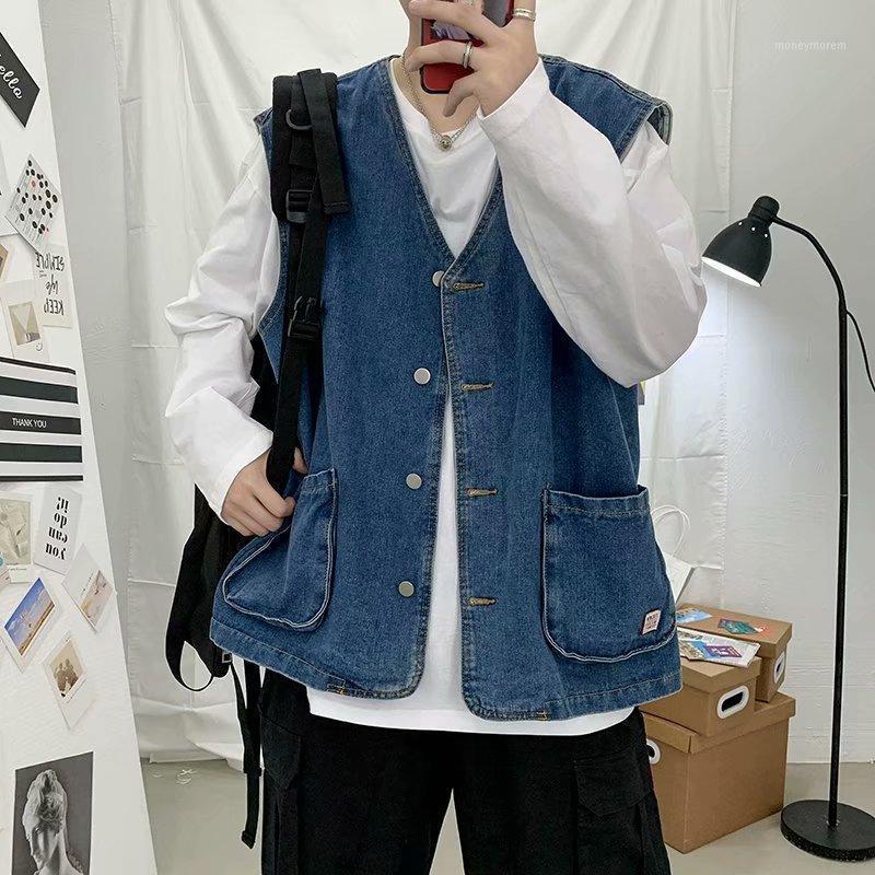 

XXL Autumn Spring Streetwear Men's Denim Vest Casual Jacket Sleeveless Jeans Vests Slim Fit Fashion Single Breasted Waistcoats1, Blue denim vest mens