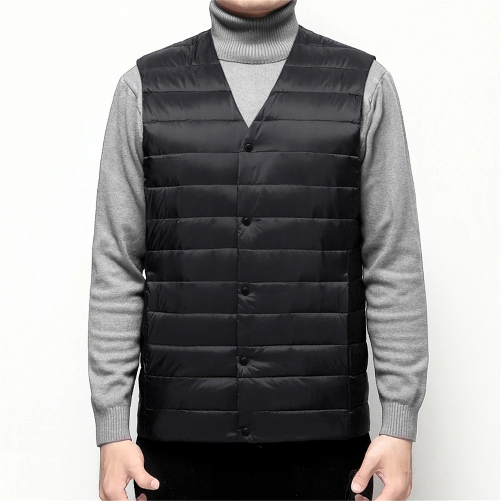 

2021 New Men Ultra Light 90% White Duck Down Spring Autumn Sleeveless Jacket V-neck Vest Male Casual Winter Collarless Waistcoat Ablo, Navy blue vest