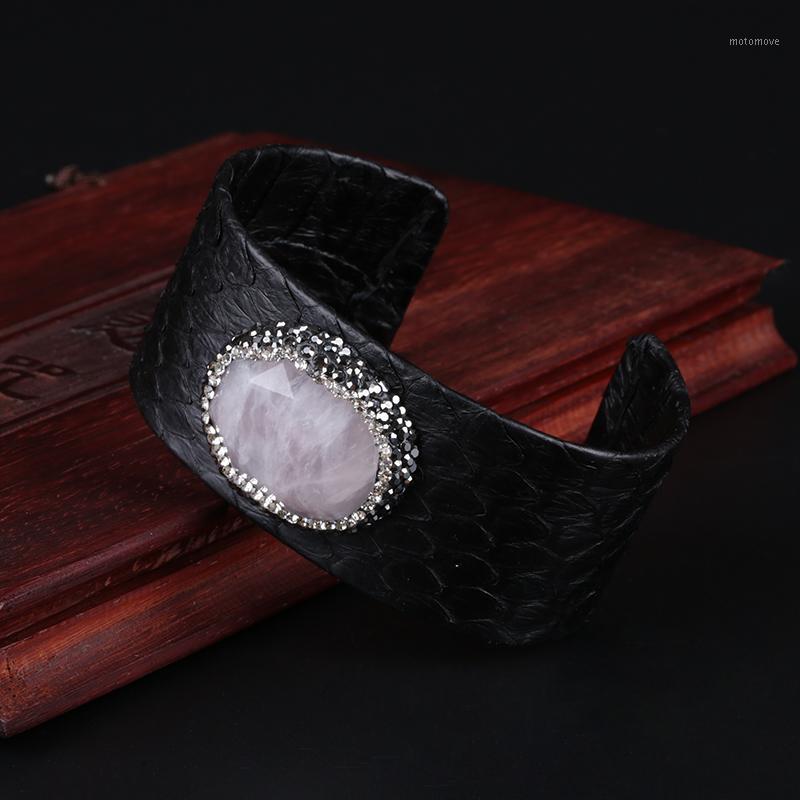 

Cut Angle Oval Natural Glitter Stone Bead Charm Pave Rhinestone Deep BlackPython Leather Wide Wrap Open Bangle Cuff For Women1