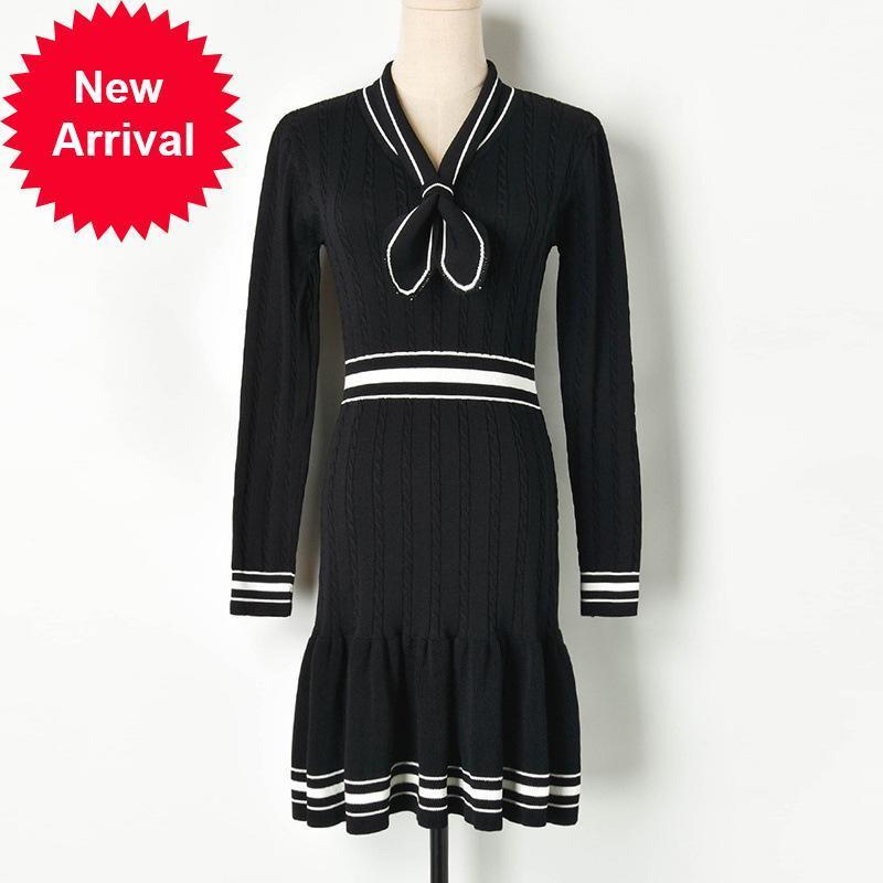 

Runway 2021 New Design Clothes Black Autumn Elegant White Button Luxury Bow Tie High Ruffled Waist Mesh Midi Dress Feminine 0TF2