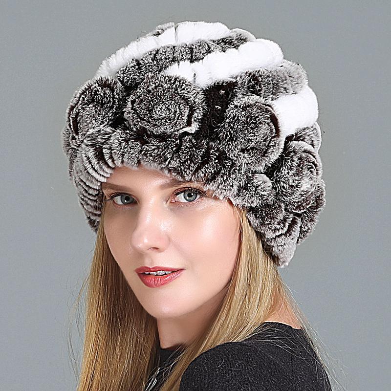 

Winter Women 100% Natural Real Fur Hats Lady Warm Soft Knit Flower Striped Genuine Rex Fur Caps Outdoor Beanies Hats, Color13