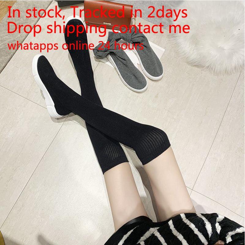 

Thin Boots 2020 Women's New All-match Slimming Knitted Elastic Socks Boots Increase Over The Knee Flat Bottom Women1, Black
