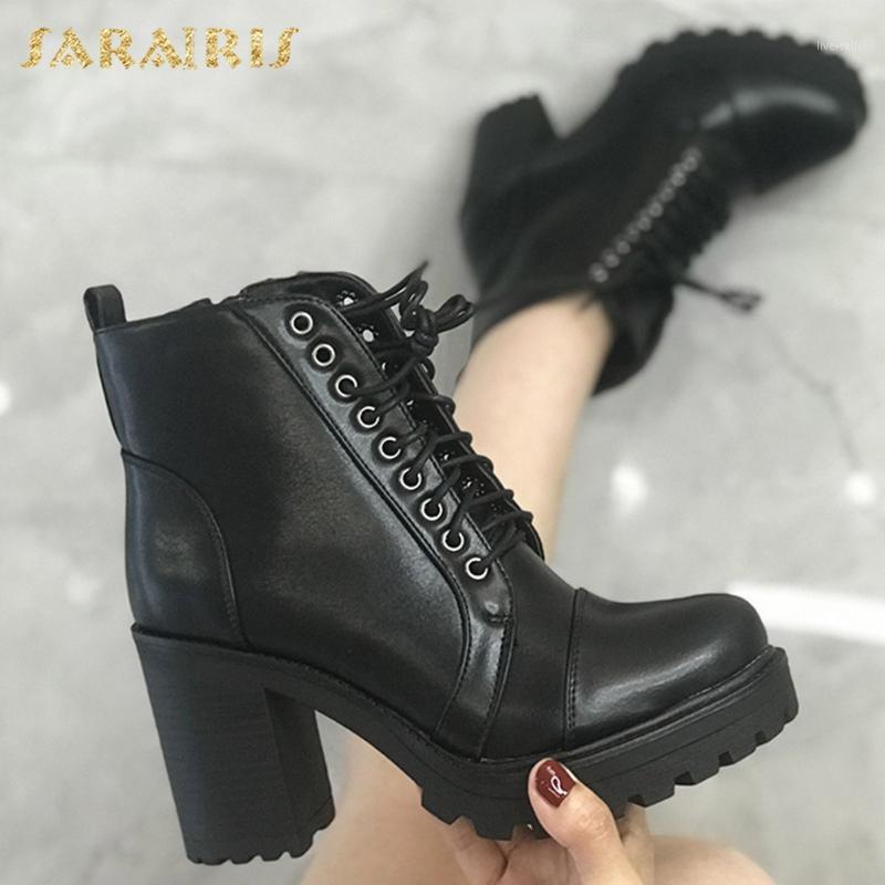 

Sarairis 2020 Top Quality Platform Square High Heels Shoelaces Fashion Platform Ankle Boots Shoes Women Casual Boots1, Black