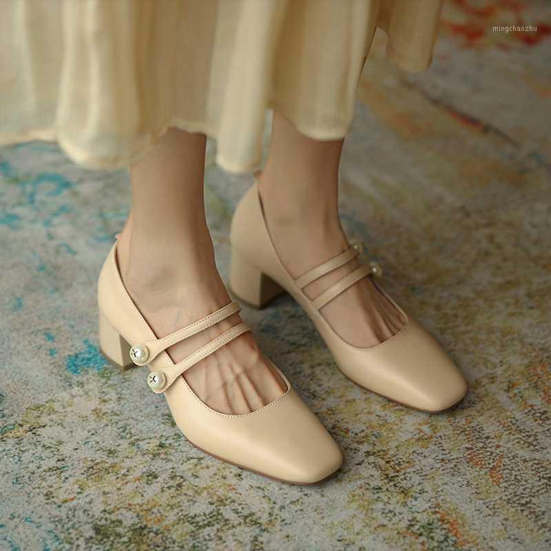 

2020 spring and autumn new thick heel retro small leather shoes leather single shoes female square head Mary Jane X2701, Beige