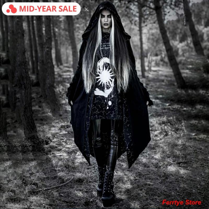 

Imily Bela Gothic Trench Long Women Winter Open Stitch Printed Hooded Black Trench Coat Asymmetric Casual Loose Long Cardigan