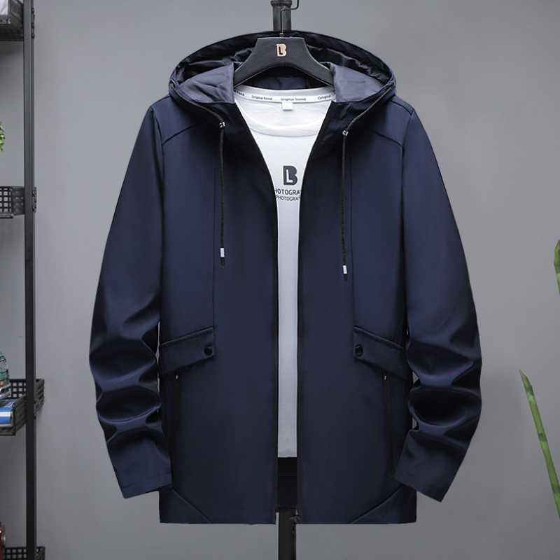 

2021 new autumn and winter casual windbreaker men's jacket mid-length hooded men's simple black windproof jacket