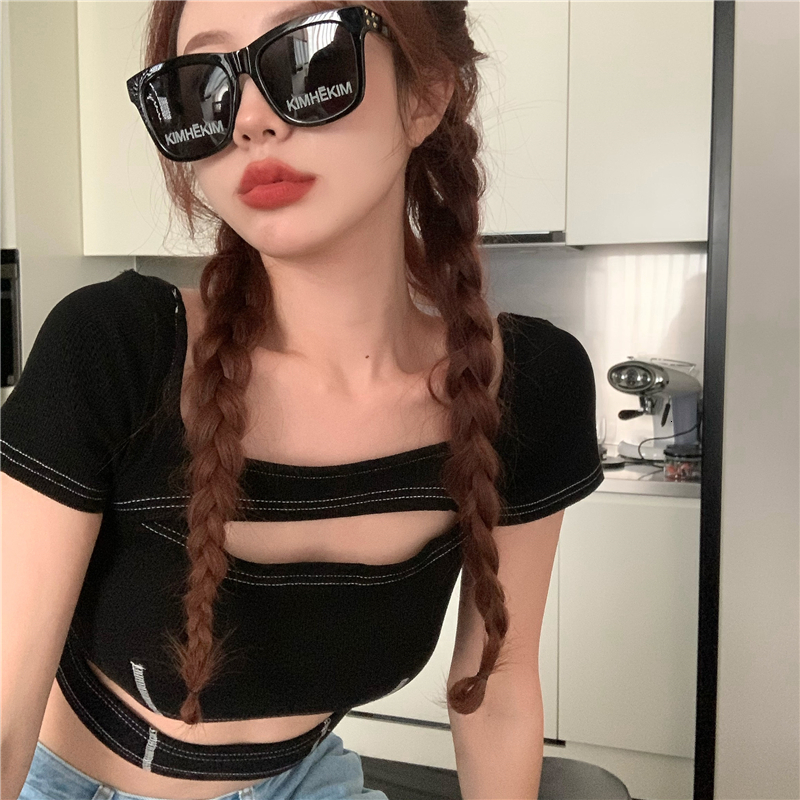 

2021 New summer Korean style short sleeve sexy thin mesh t-shirts of women women's harvest tops (r99234) WRQA, Black
