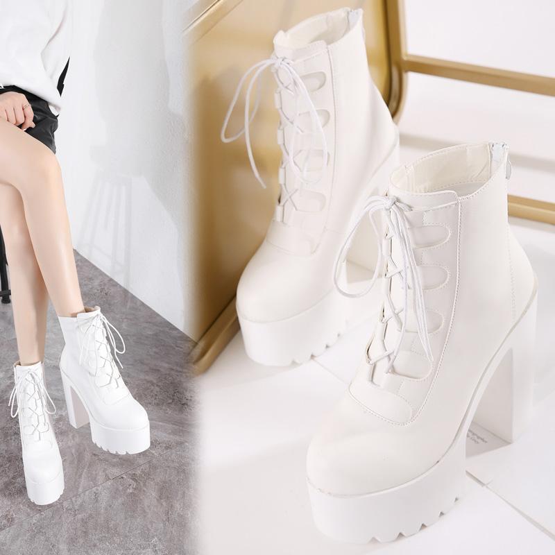 

Boots Women New 2021 Female Shoes Winter Footwear Round Toe Zipper Rubber Rock Ladies Ankle Black High Heel Autumn1