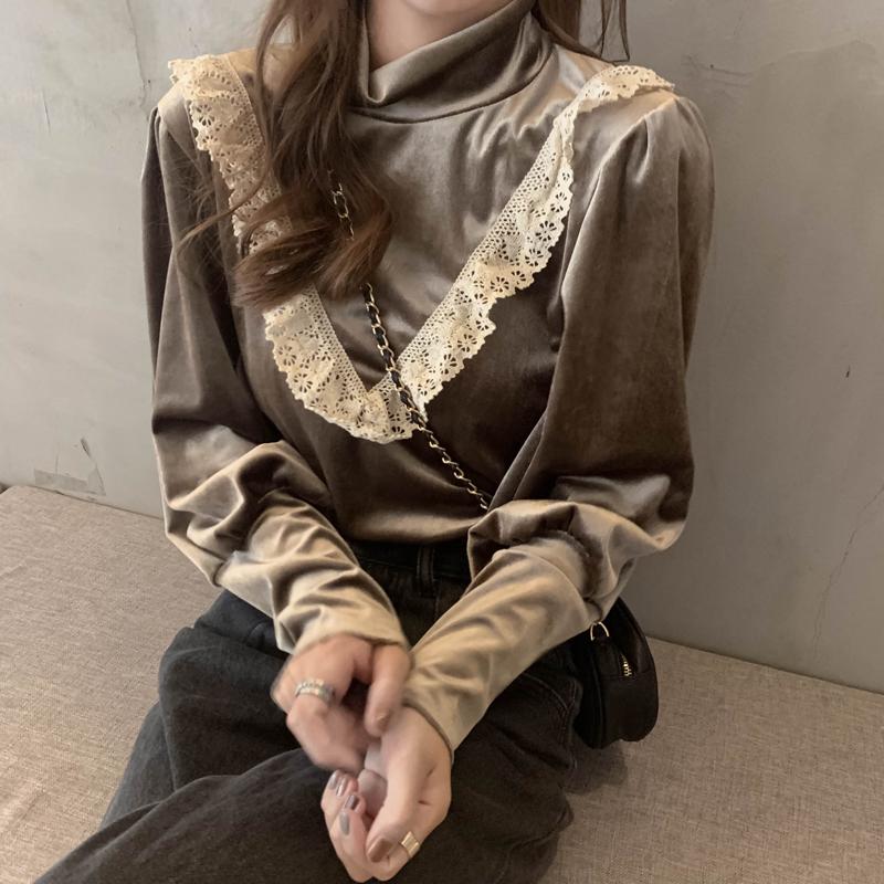 

Lace Ruffle Patchwork Women Velour Blouse Korean Long Sleeve Turtleneck Shirt 2020 Autumn Winter Basic Blusa Mujer, Black