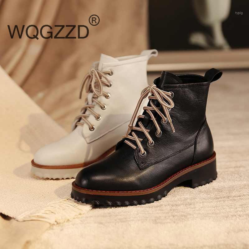 

Botas mujer women's winter shoes cow leather round toe cross-tied fashion British style preppy style ankle boots bottes femme1, Beige