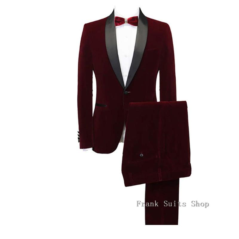 

2020 Latest Designs Burgundy Velvet Men Suit Velour Blazer Bridegroom Tuxedo Mens Wedding Prom Suits Jacket Pants Set, As picture