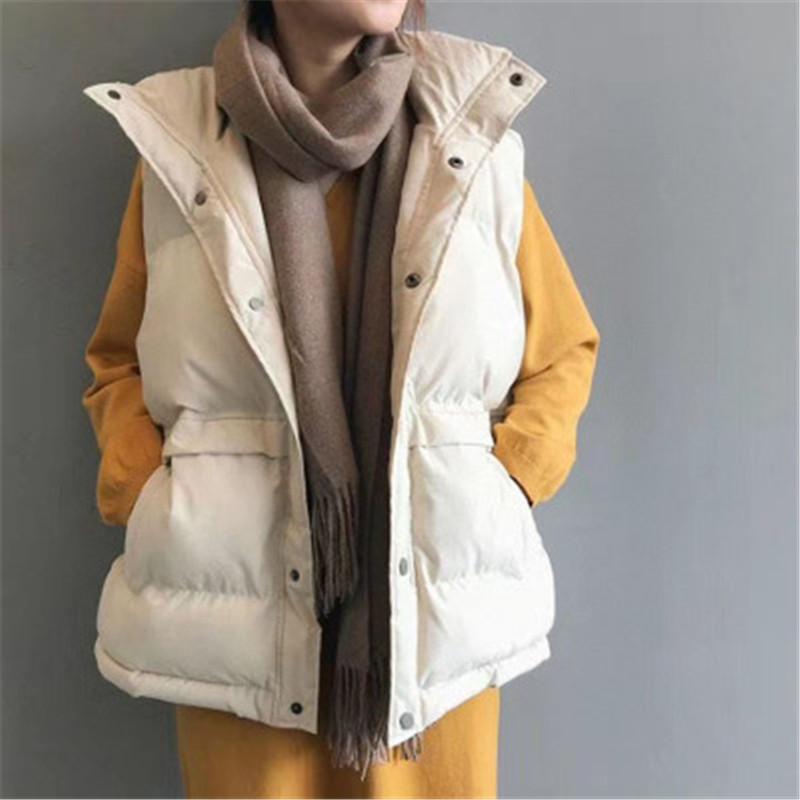 

Winter New Down Cotton Vest Women Plus Size 2XL Short Version Loose Bread Solid Color Thicken Sleeveless Warm Waistcoat Gilet, Beige