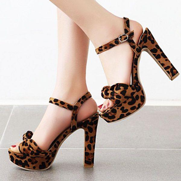 

LIHUAMAO Leopard suede peep toe square heel sandals Platform wedges ankle strap casual comfortable gladiator sandals, Beige