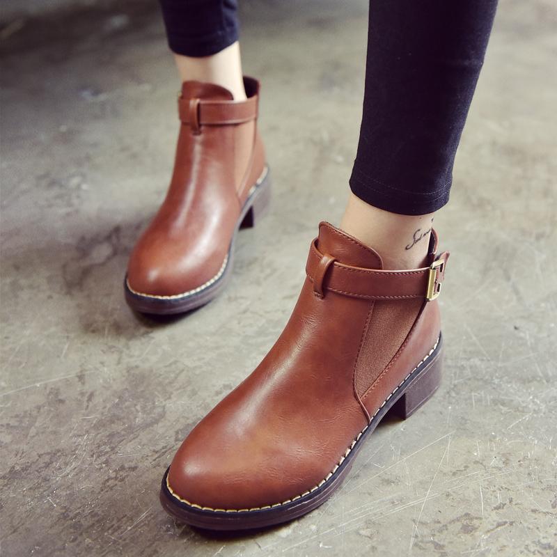 

Women Ankle Boots Round Toe Leather Dress Woman Boots Autumn Cheap Fashion Low Heels Shoes Leather Boot Zapatos Retro Size 35-40, Black